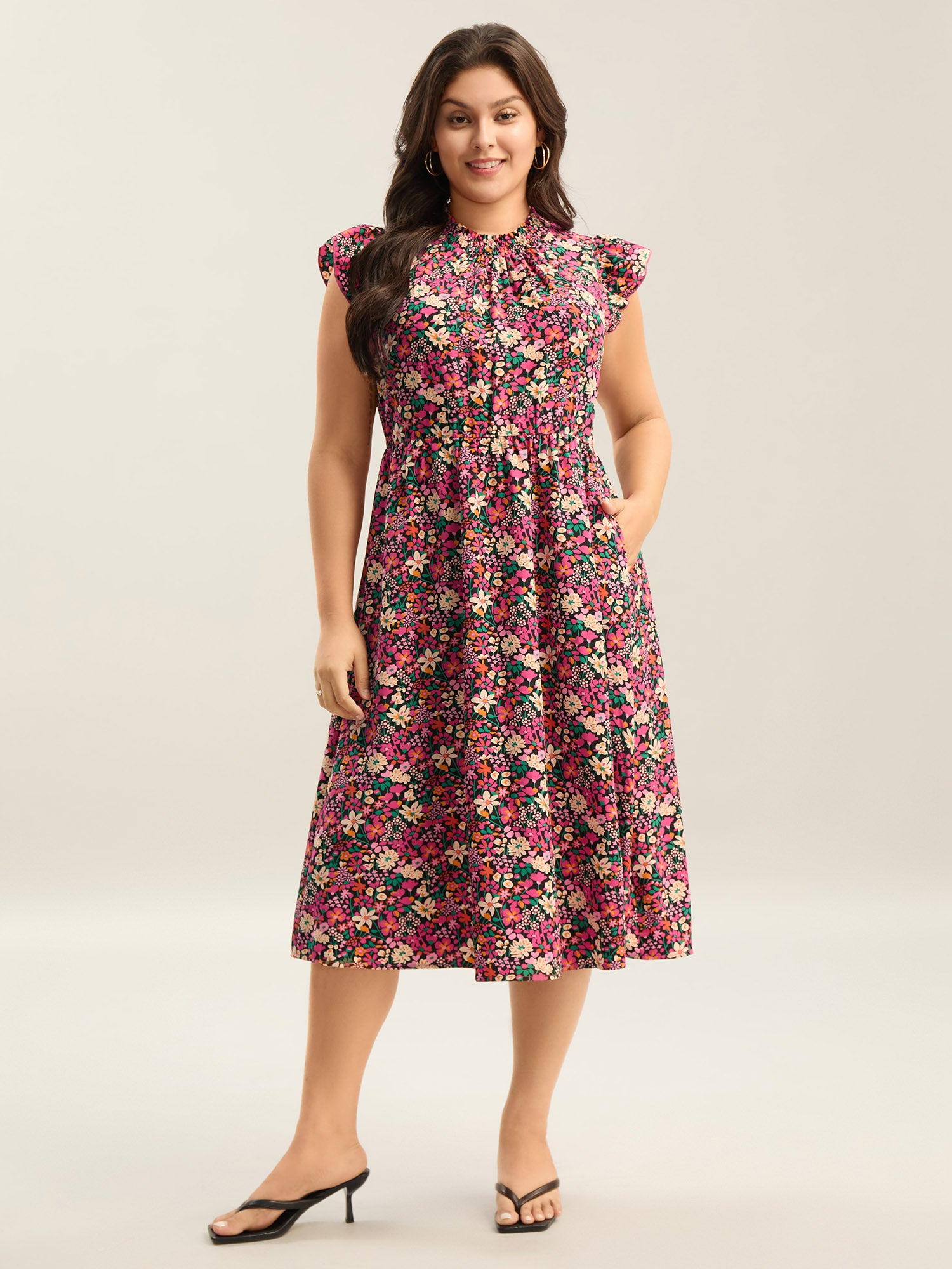 Floral Print Shirred Pockets Midi Dress-Sweetccc