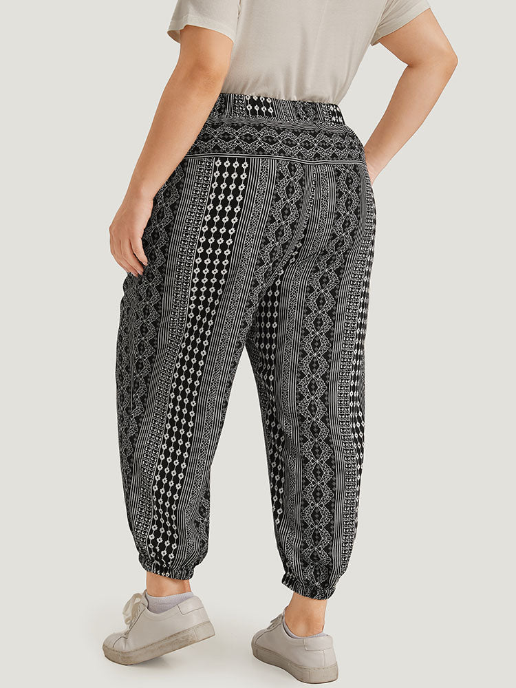 Moroccan Print Pocket Elastic Waist Ties Pants-Sweetccc