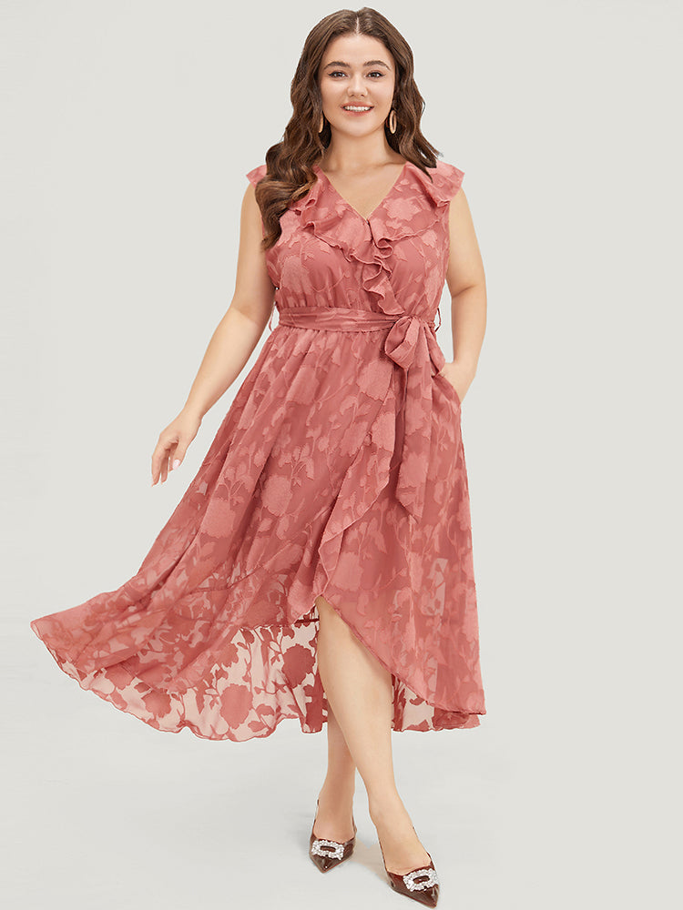 Floral Print Ruffle Trim Wrap Belted  Asymmetrical Tank Dress-Sweetccc