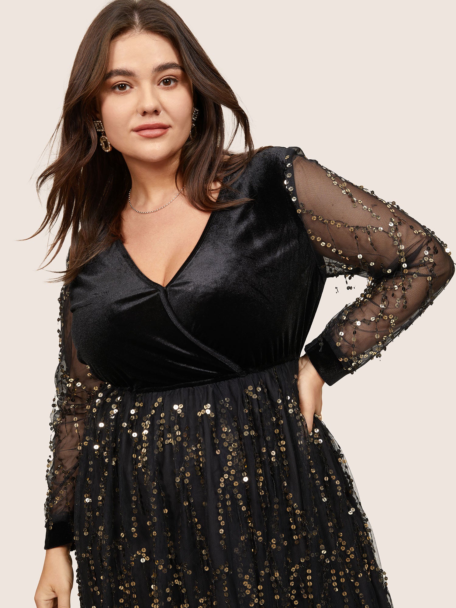 Velvet Sequin Tassels Mesh Surplice Neck Dress-Sweetccc