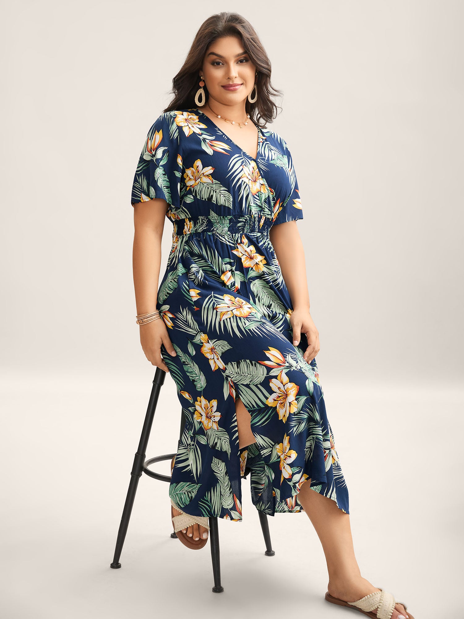 Tropical Floral Print Shirred Waist Midi Dress-Sweetccc