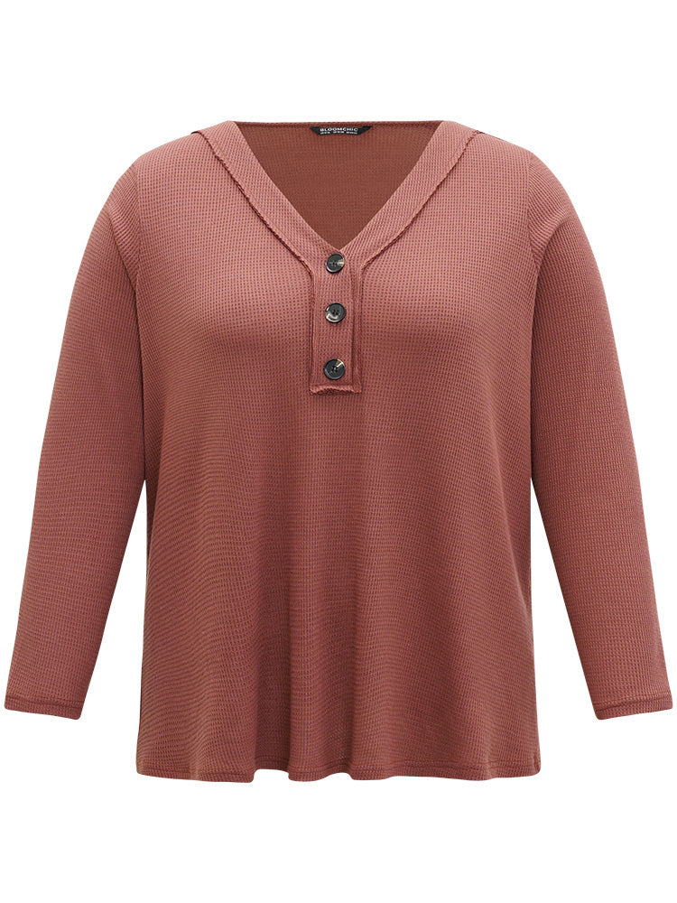 Solid Waffle Knit V Neck Button Up Woven Top-Sweetccc