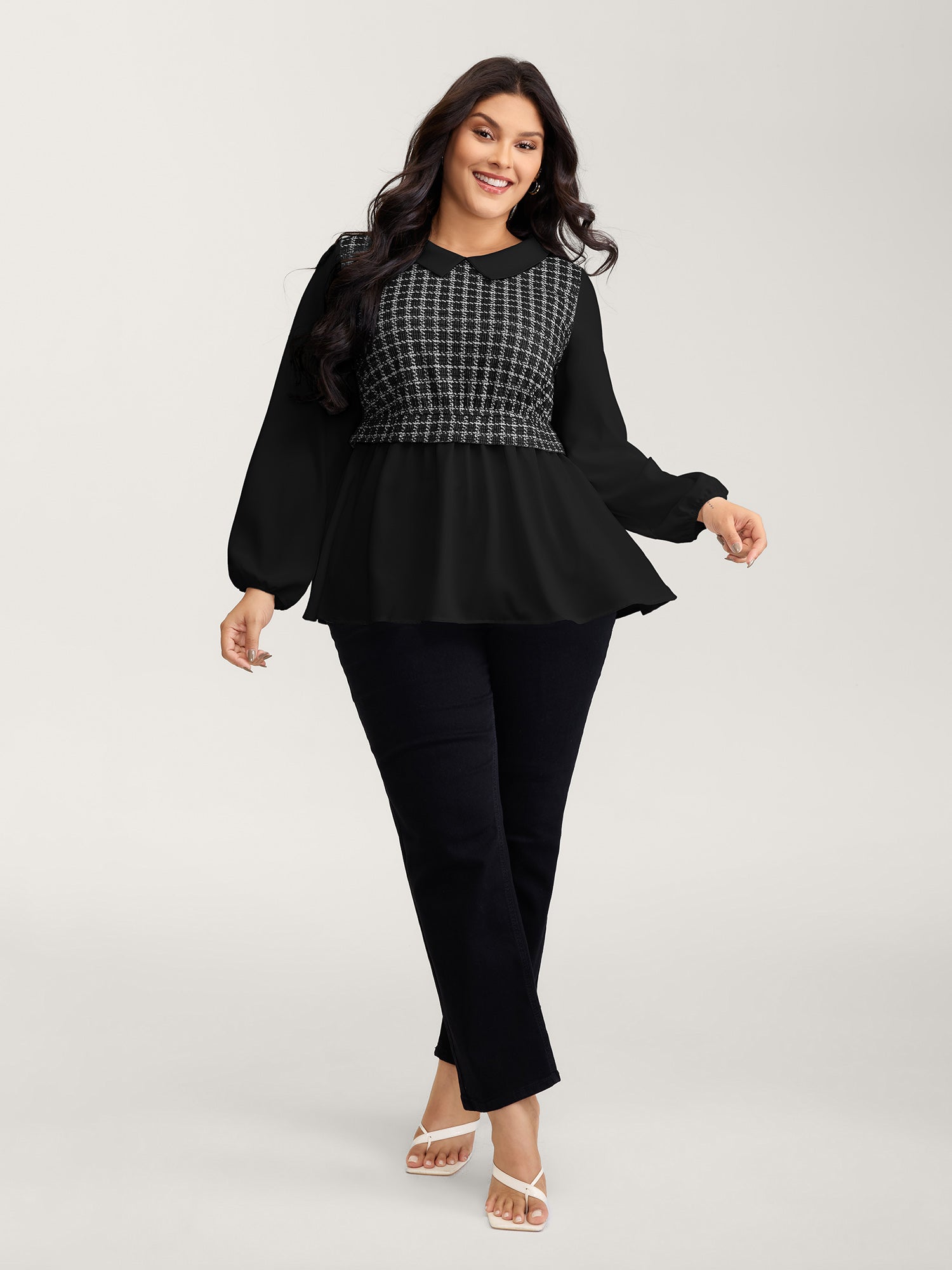 Houndstooth Pattern Color Contrast Blouse-Sweetccc