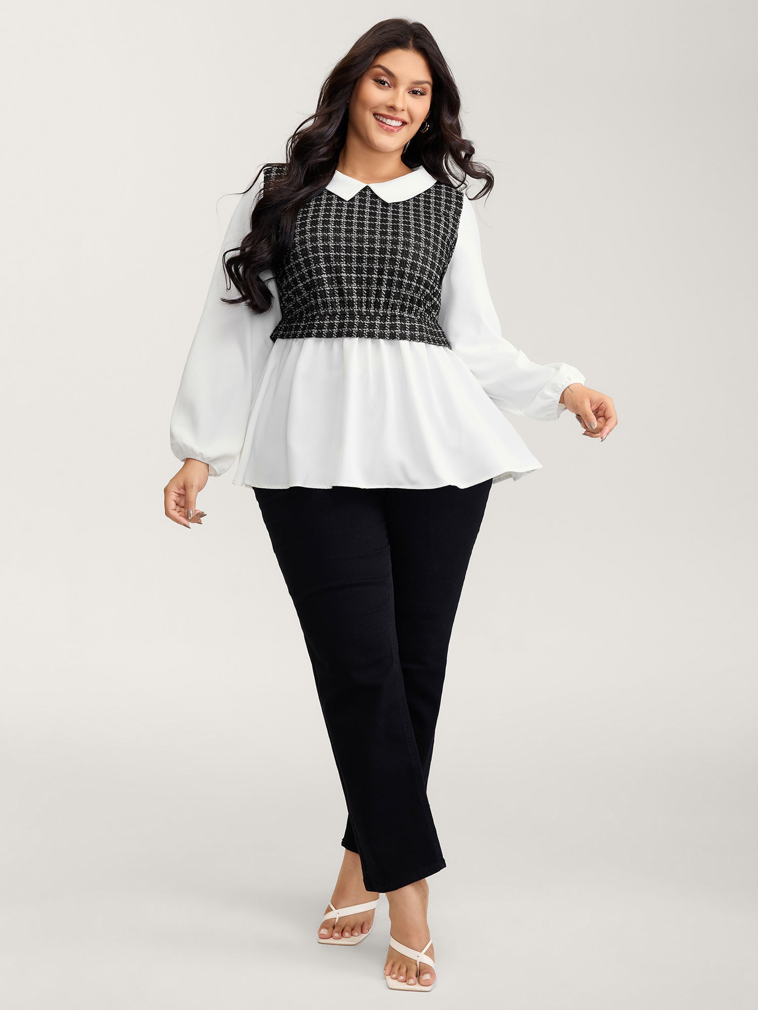 Houndstooth Pattern Color Contrast Blouse-Sweetccc