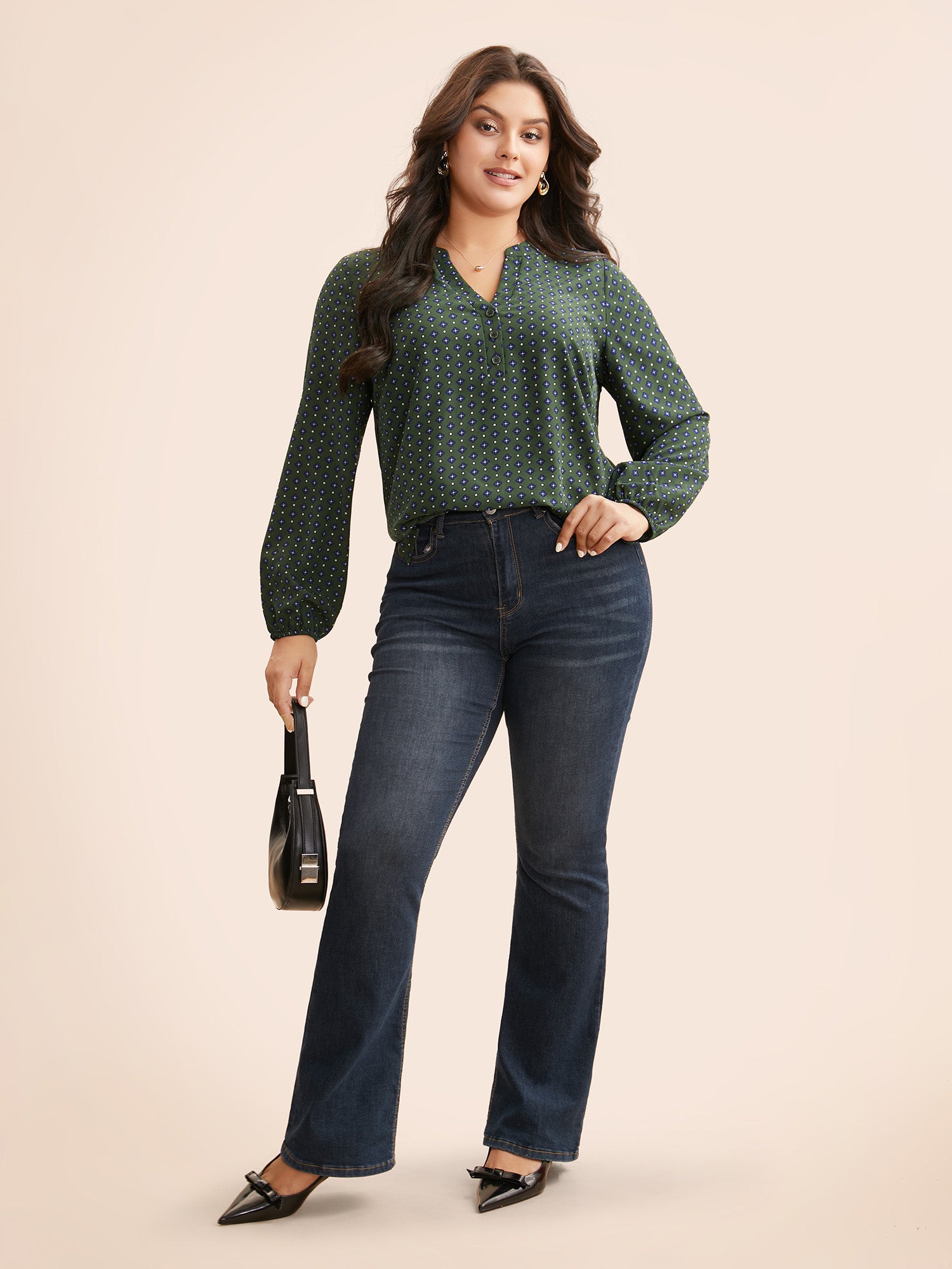 Notched Geometric Button Up Blouse-Sweetccc