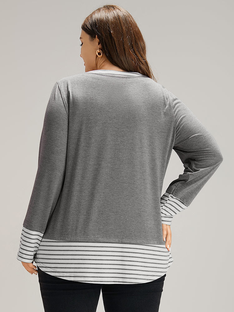 Striped Patchwork Button Detail T-shirt-Sweetccc