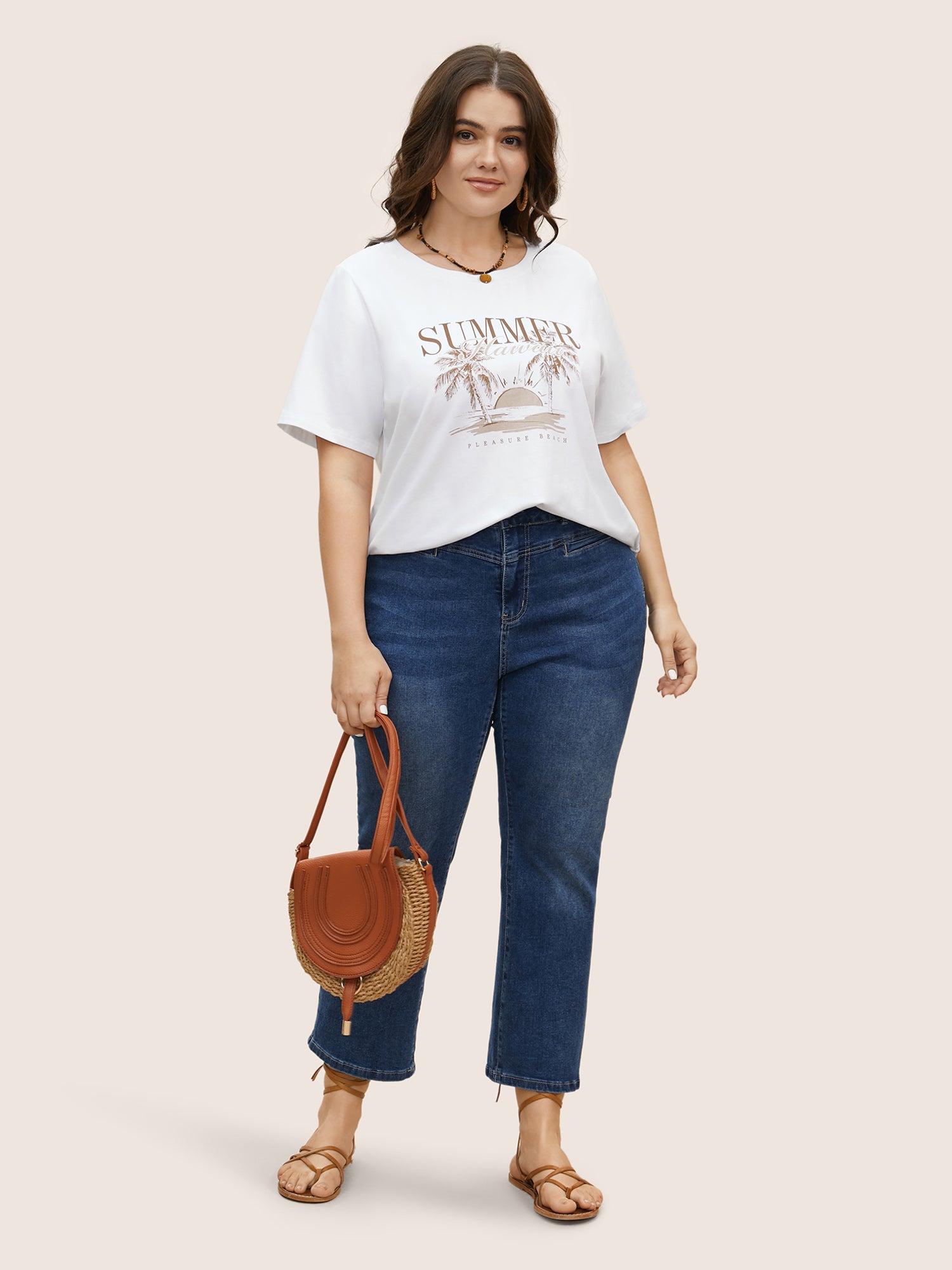 Tropical Landscape Print Round Neck T-shirt-Sweetccc