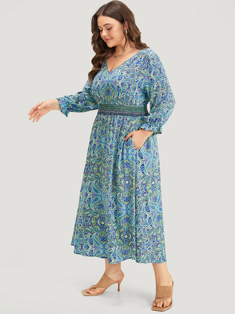 Paisley Print Shirred Flutter Trim Dress-Sweetccc