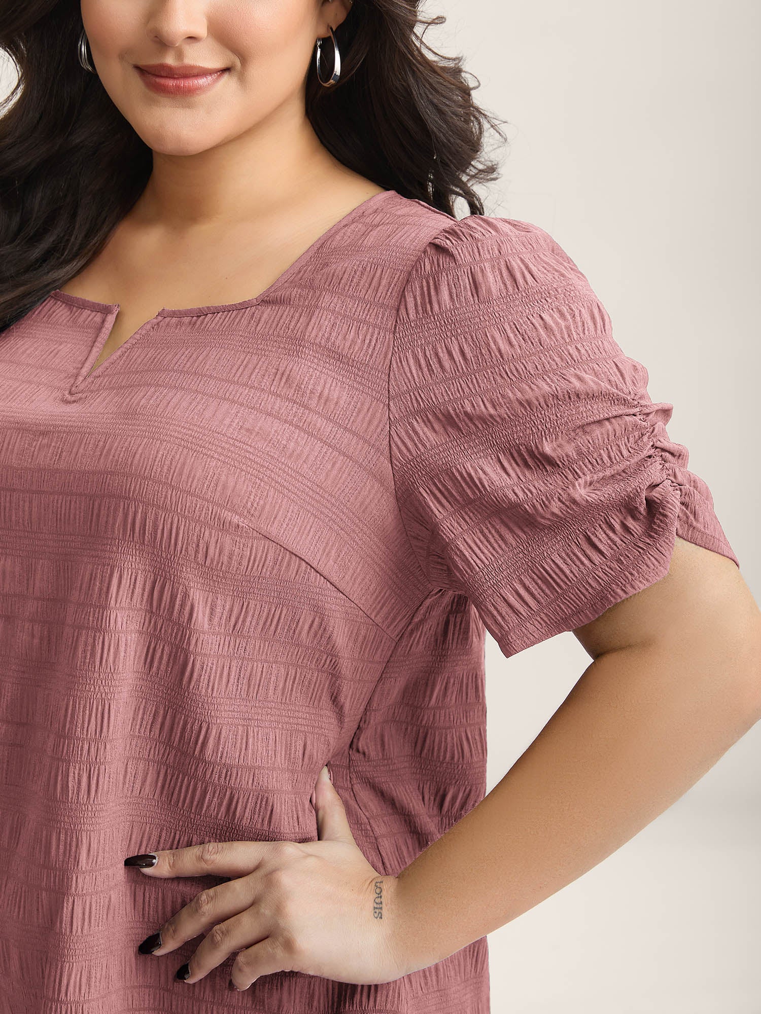 Textured Gathered Sleeve Split Neck Blouse-Sweetccc