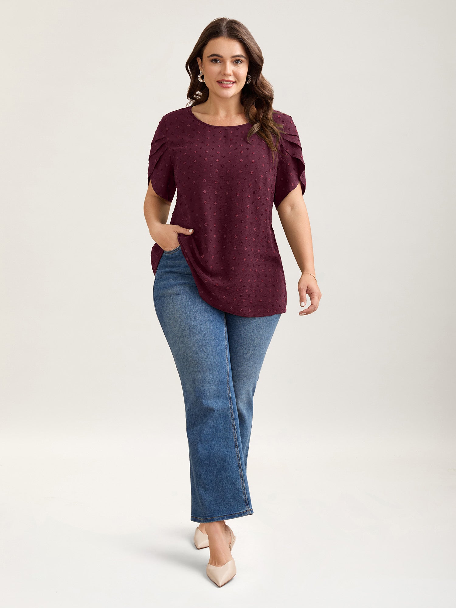 Textured Color Contrast Petal Sleeve Blouse-Sweetccc