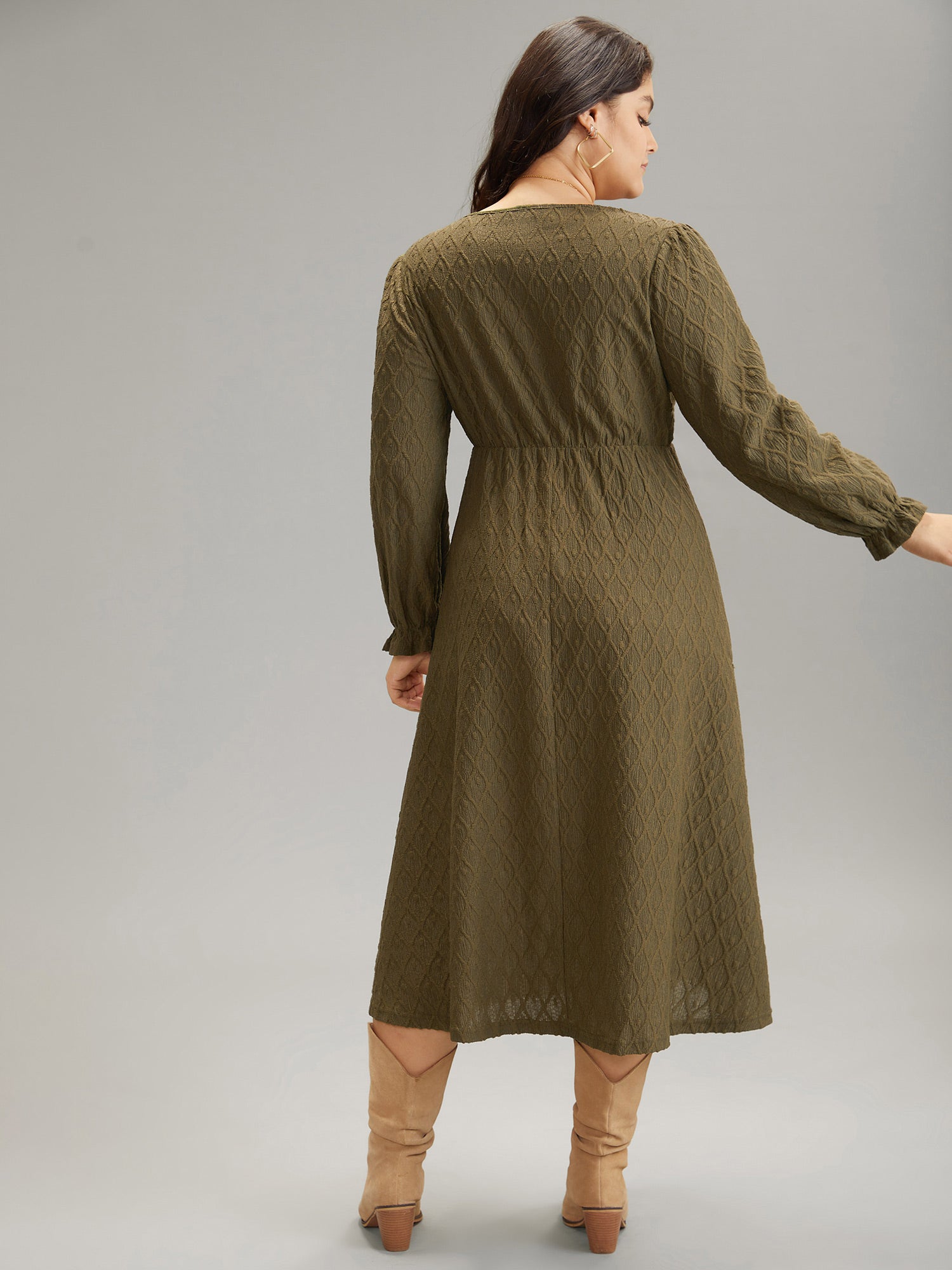 Textured Jacquard Notched Ruffle Sleeve Dress-Sweetccc