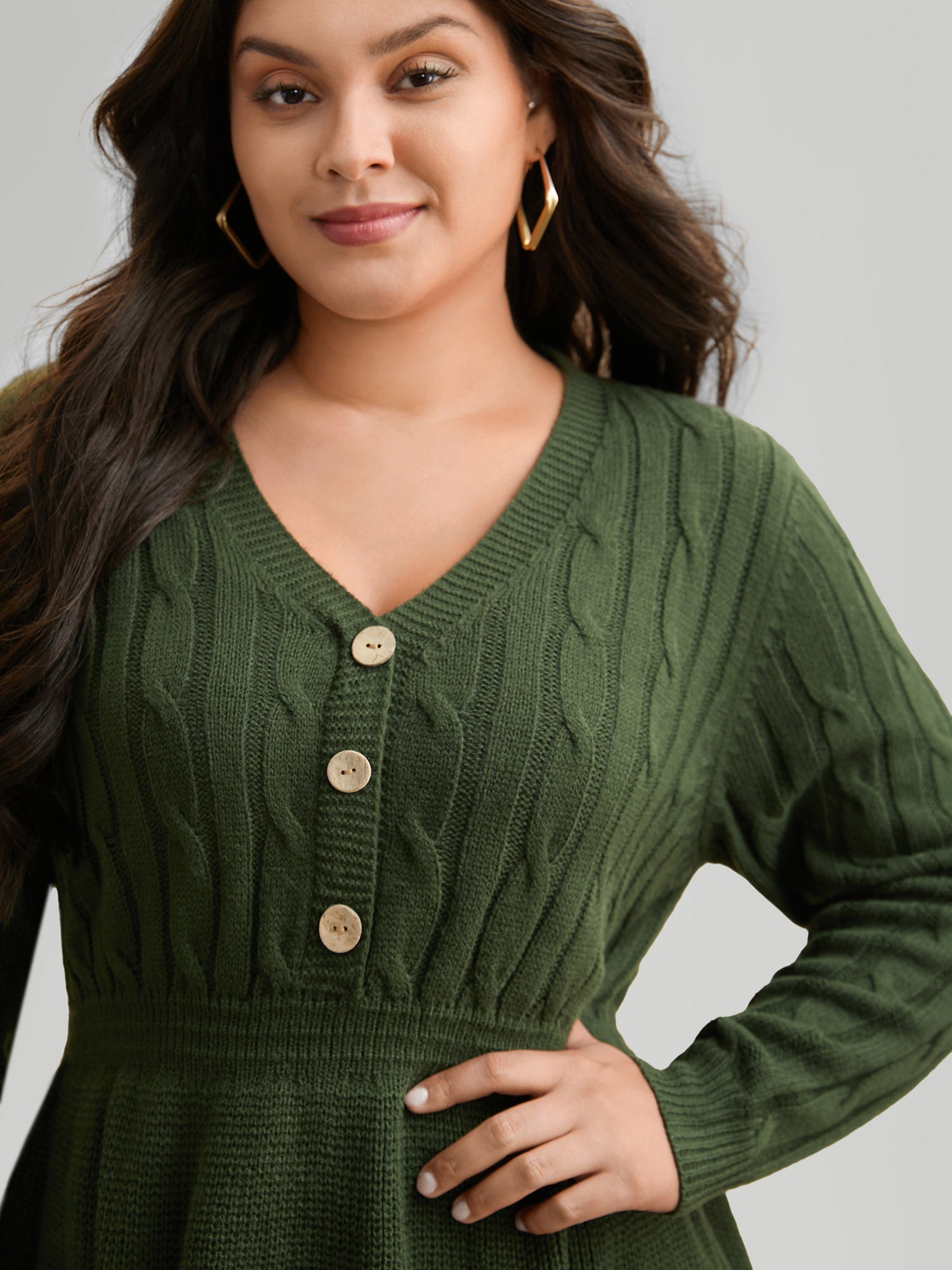 Texture Cable Knit Button Detail Pullover-Sweetccc