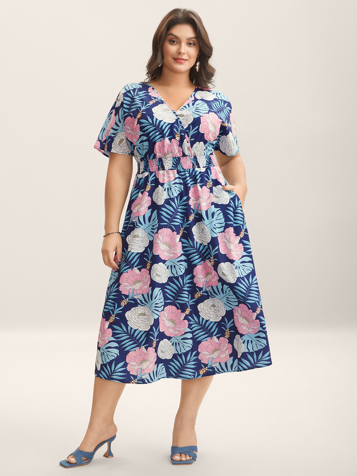 Tropical Print Back-Tie Shirred Midi Dress-Sweetccc
