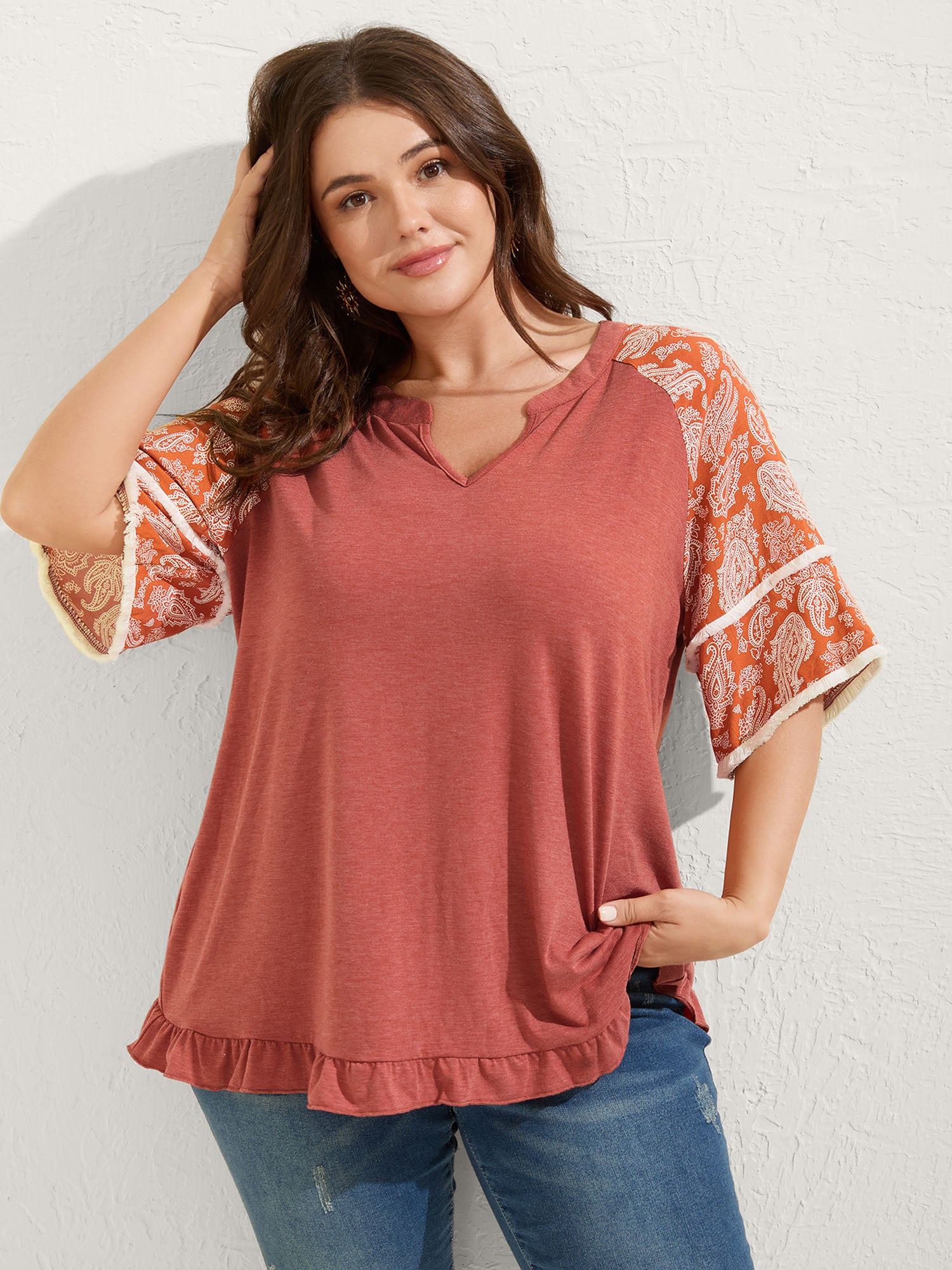 Supersoft Rayon Tassel Paisley Sleeve T-Shirt-Sweetccc
