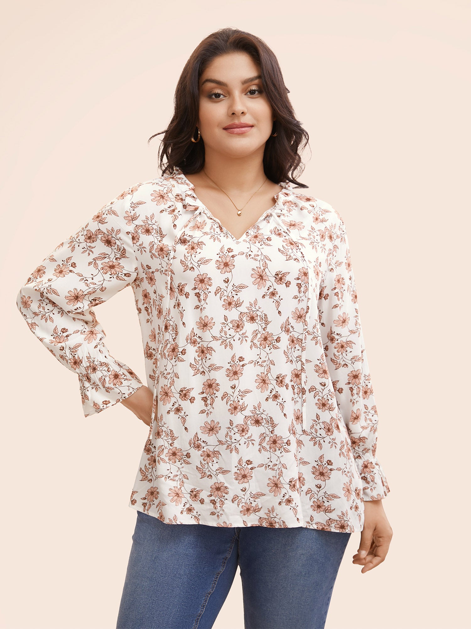 Floral Tie Knot Ruffle Trim Blouse-Sweetccc