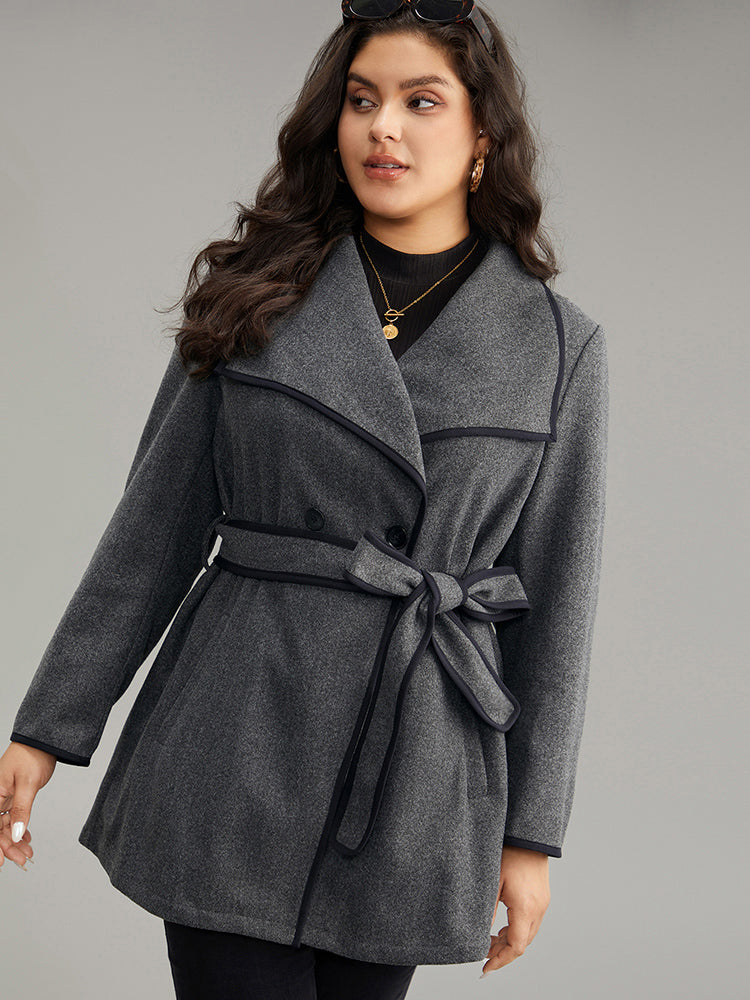 Lapel Collar Contrast Trim Belted Button Up Coat-Sweetccc