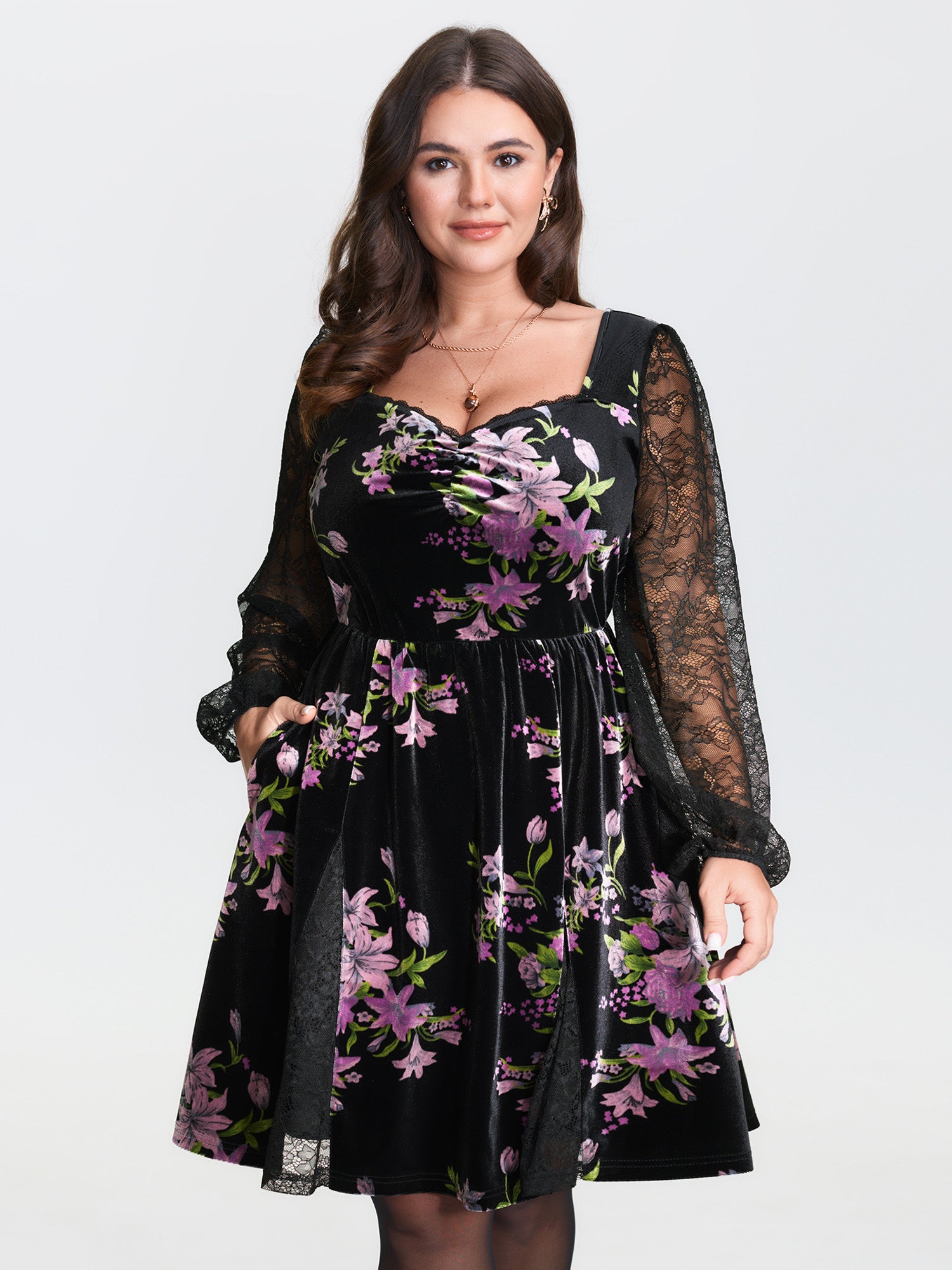 Velvet Floral Sheer Lace Knee Dress-Sweetccc