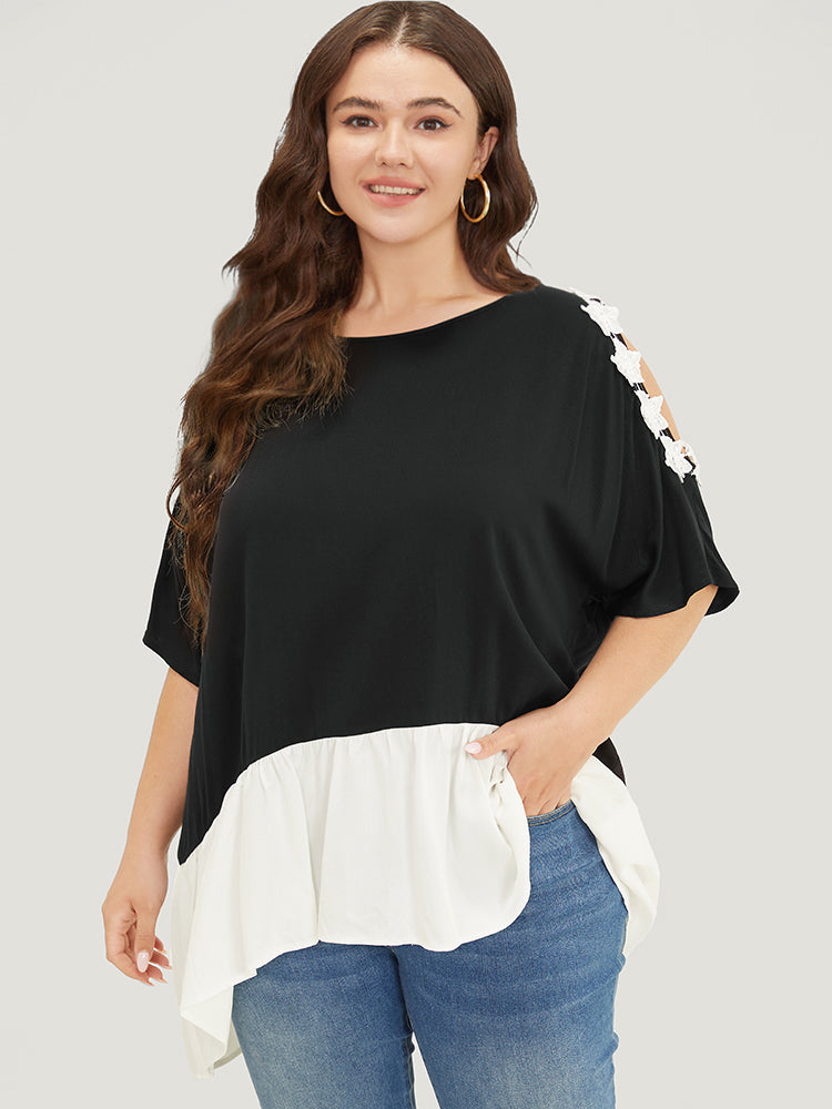 Floral Appliques Patchwork Asymmetrical Hem Cold Shoulder Blouse-Sweetccc