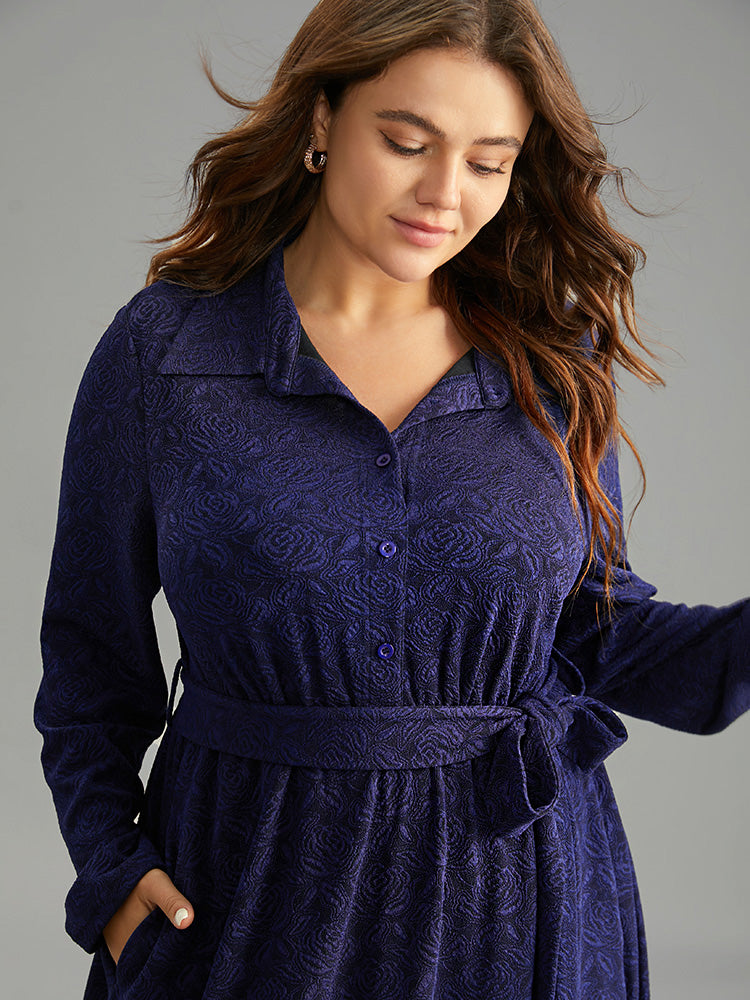 Graphic Jacquard Shirt Collar Belted Dress-Sweetccc