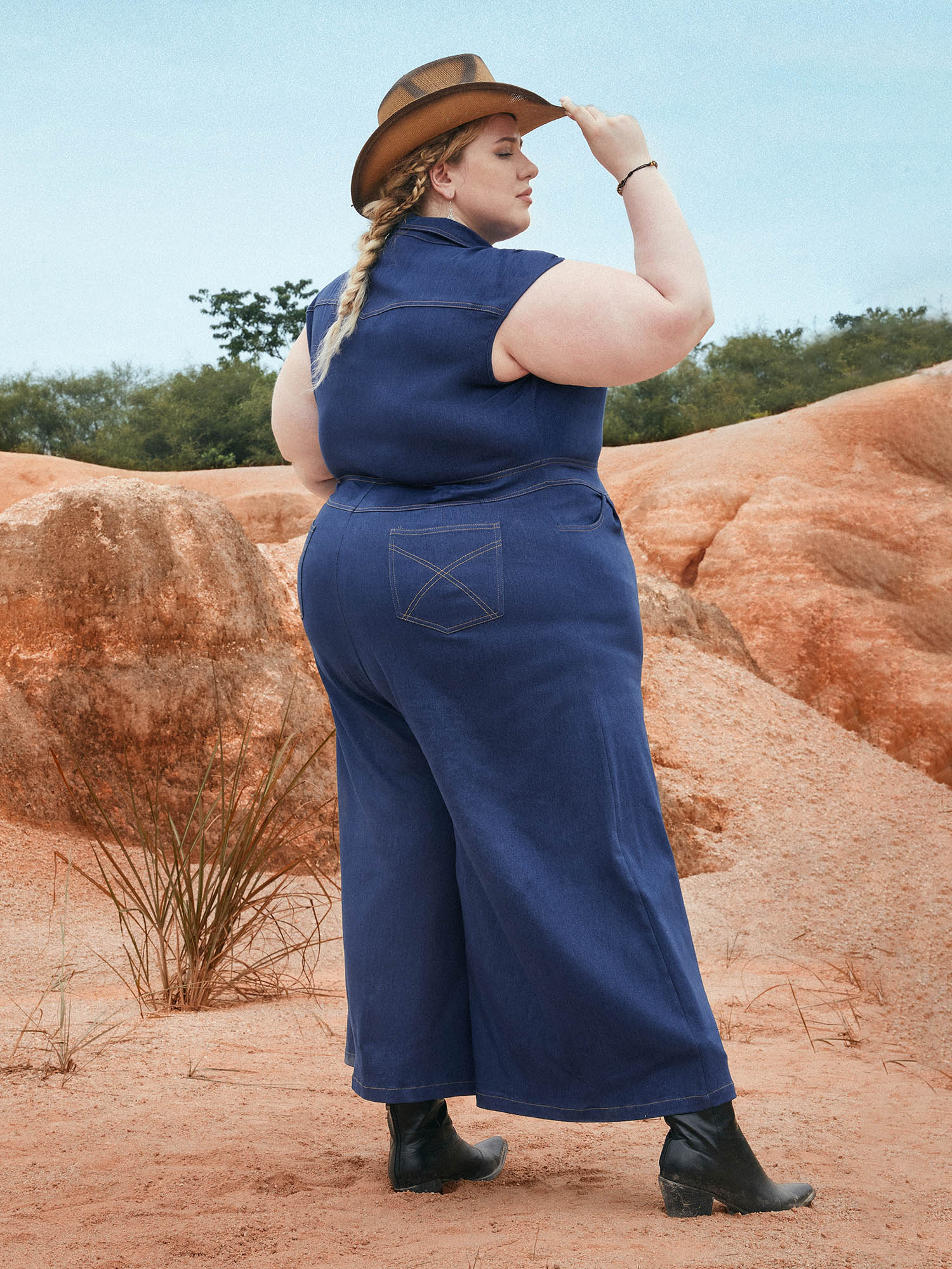 Stretch Denim Seamed Flare Jumpsuit-Sweetccc