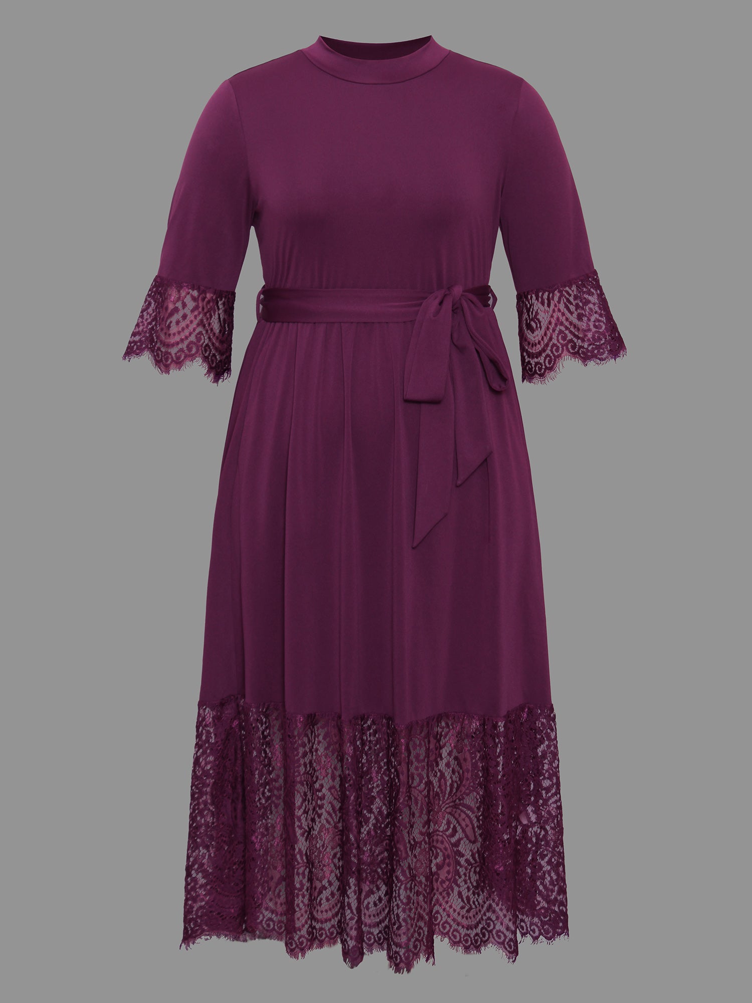 Mock Neck Crochet Lace Belted Dress-Sweetccc