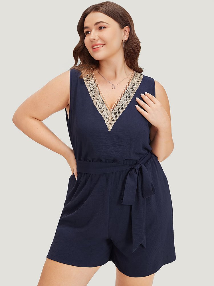 Solid Pocket Contrast Lace Belted Tank Romper-Sweetccc