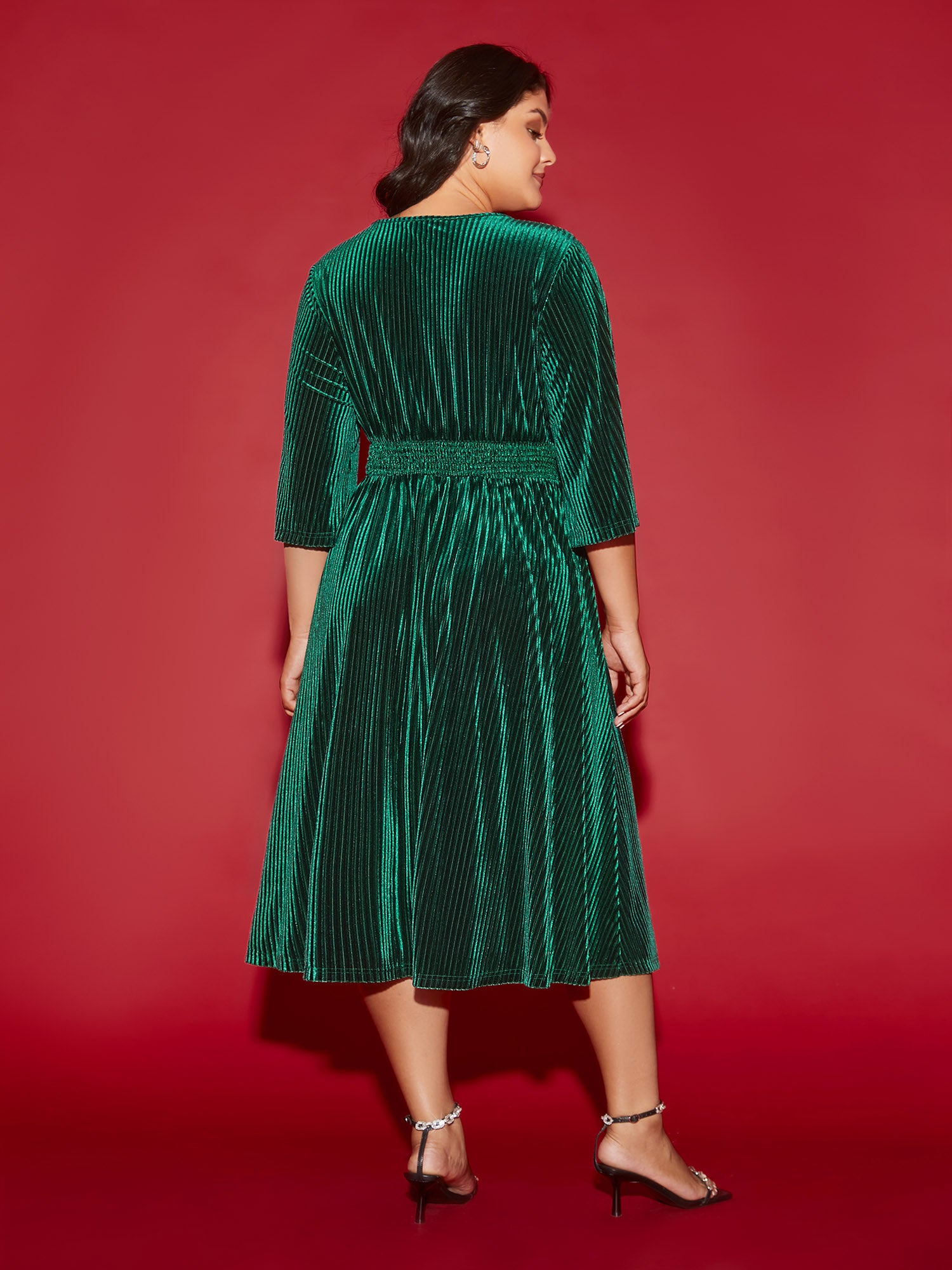 Velvet V-neck Ruched Skirt Midi Dress-Sweetccc