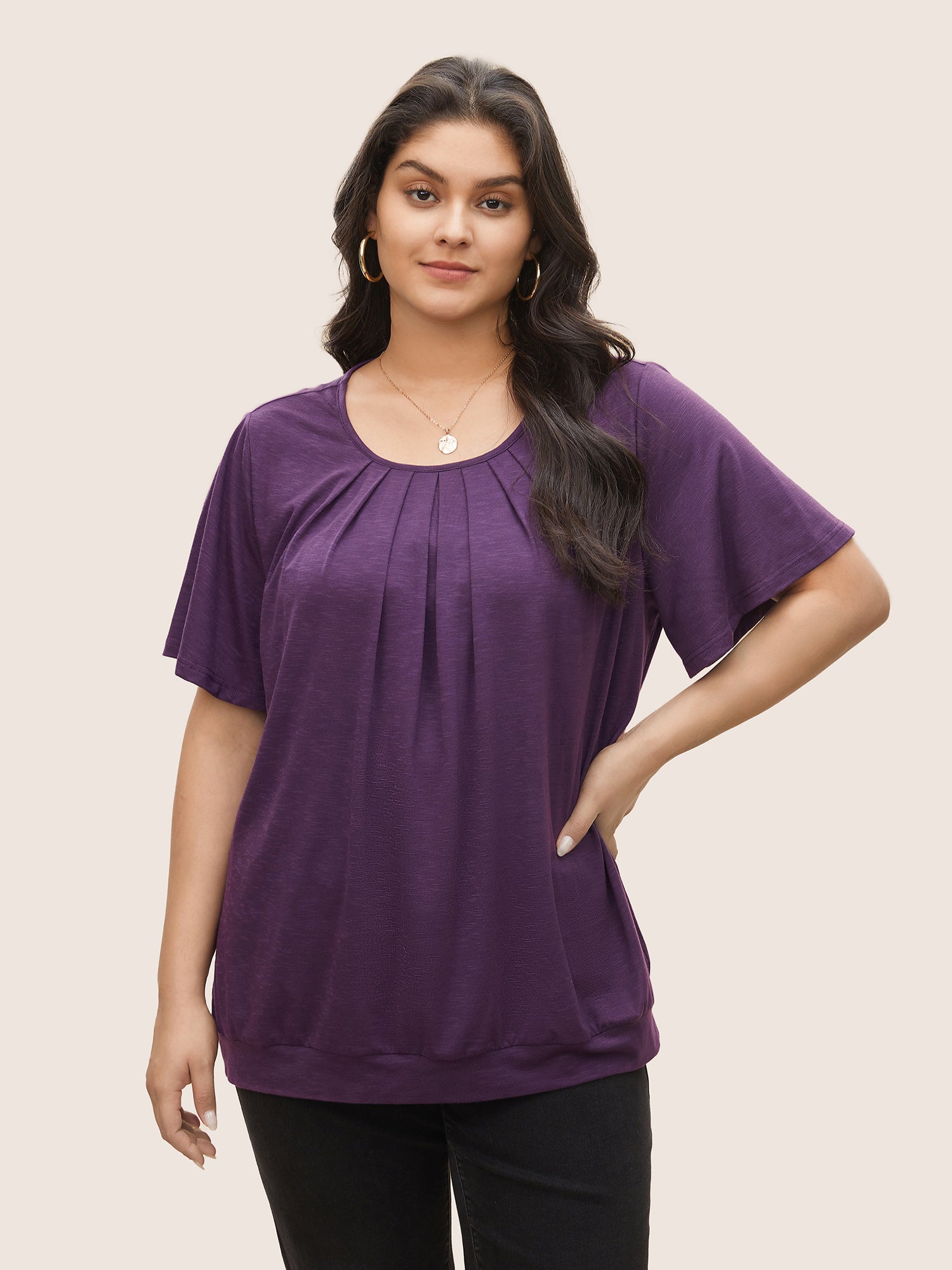 Solid Plicated Detail Flutter Sleeve T-shirt-Sweetccc