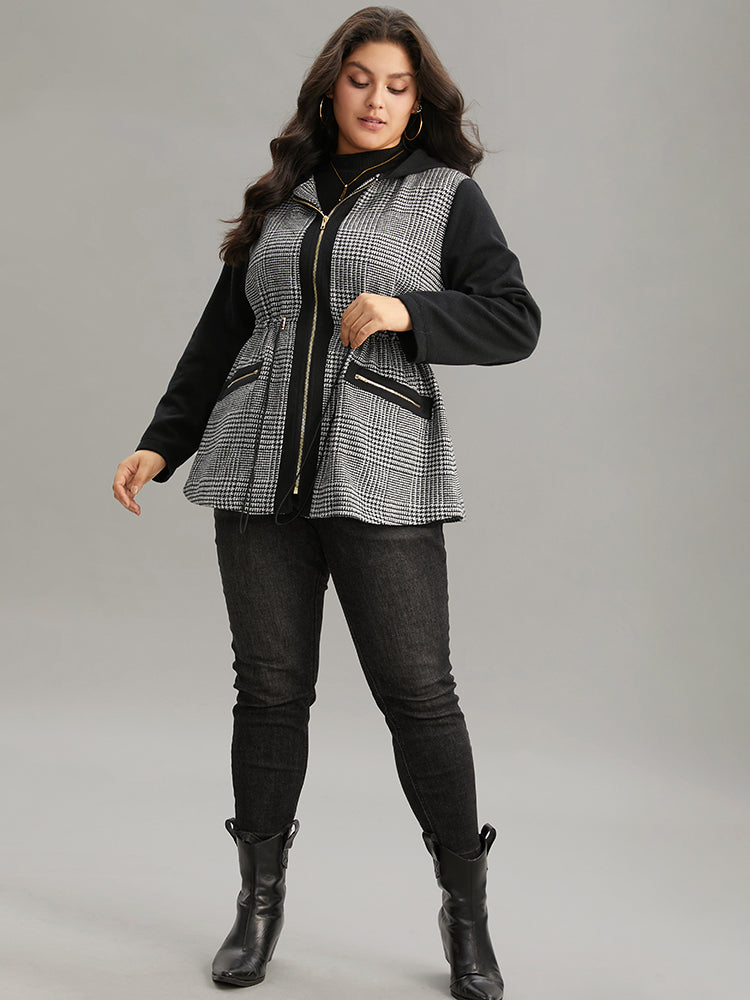 Houndstooth Patchwork Zipper Drawstring Coat-Sweetccc