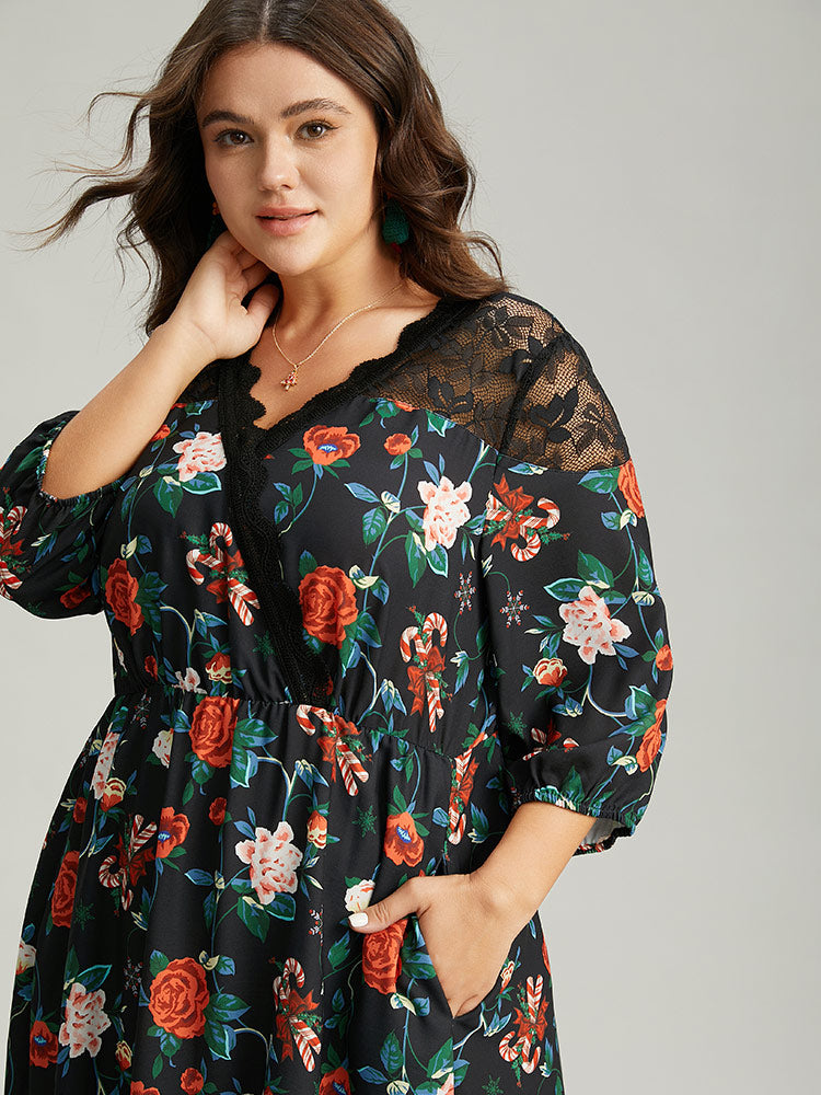 Floral Crochet Lace Mesh Overlap Collar Dress-Sweetccc