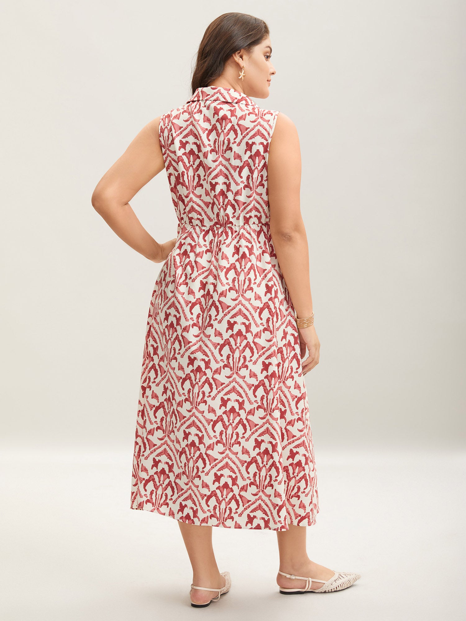 Spring Abstract Print Shirt Collar Midi Dress-Sweetccc