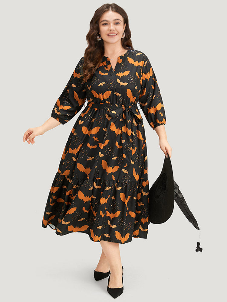 Halloween Bat Print Notched Belted Pocket Dress-Sweetccc
