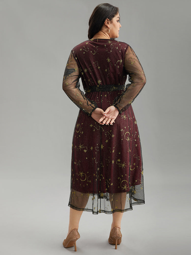 Moon & Star Embroidered Mesh Wrap Dress-Sweetccc