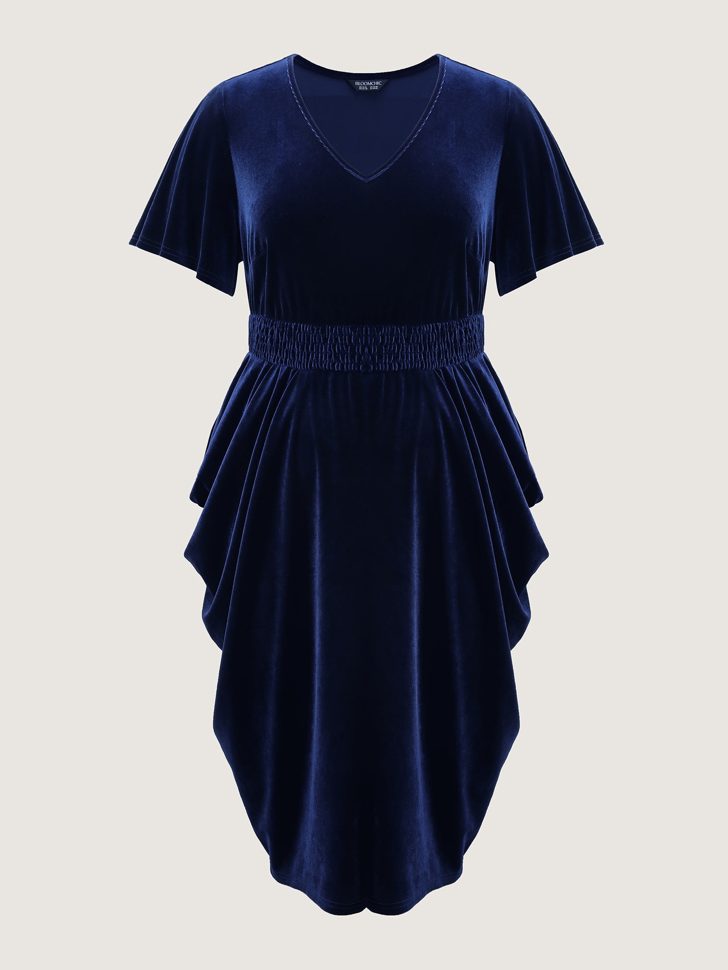 Velvet Shirred Waist Asymmetrical Hem Midi Dress-Sweetccc