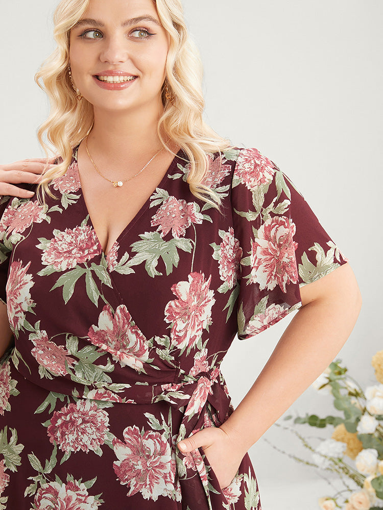 Floral Print Belted Surplice Neck Flutter Pocket Maxi Dress-Sweetccc