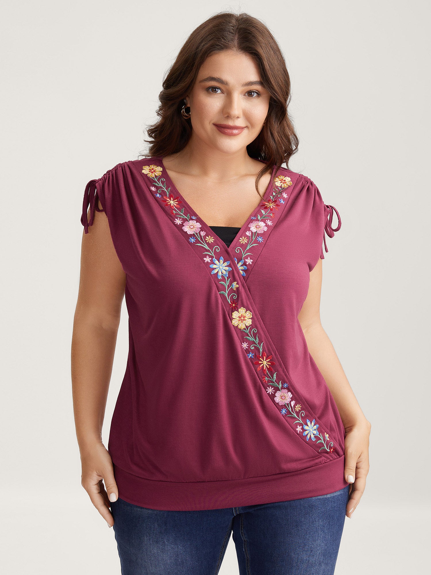 Stretchy Floral Detail Knit Top-Sweetccc
