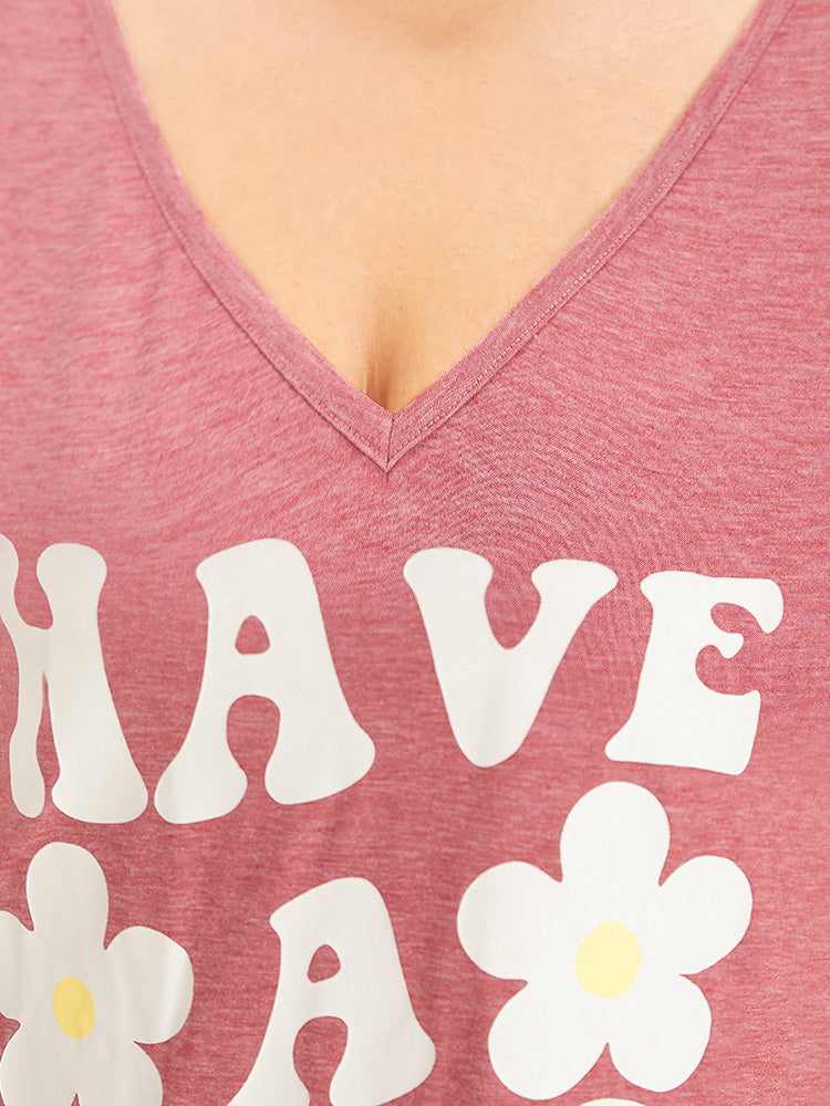 Supersoft Essentials Letter & Floral Print V Neck Curved Hem Dress-Sweetccc