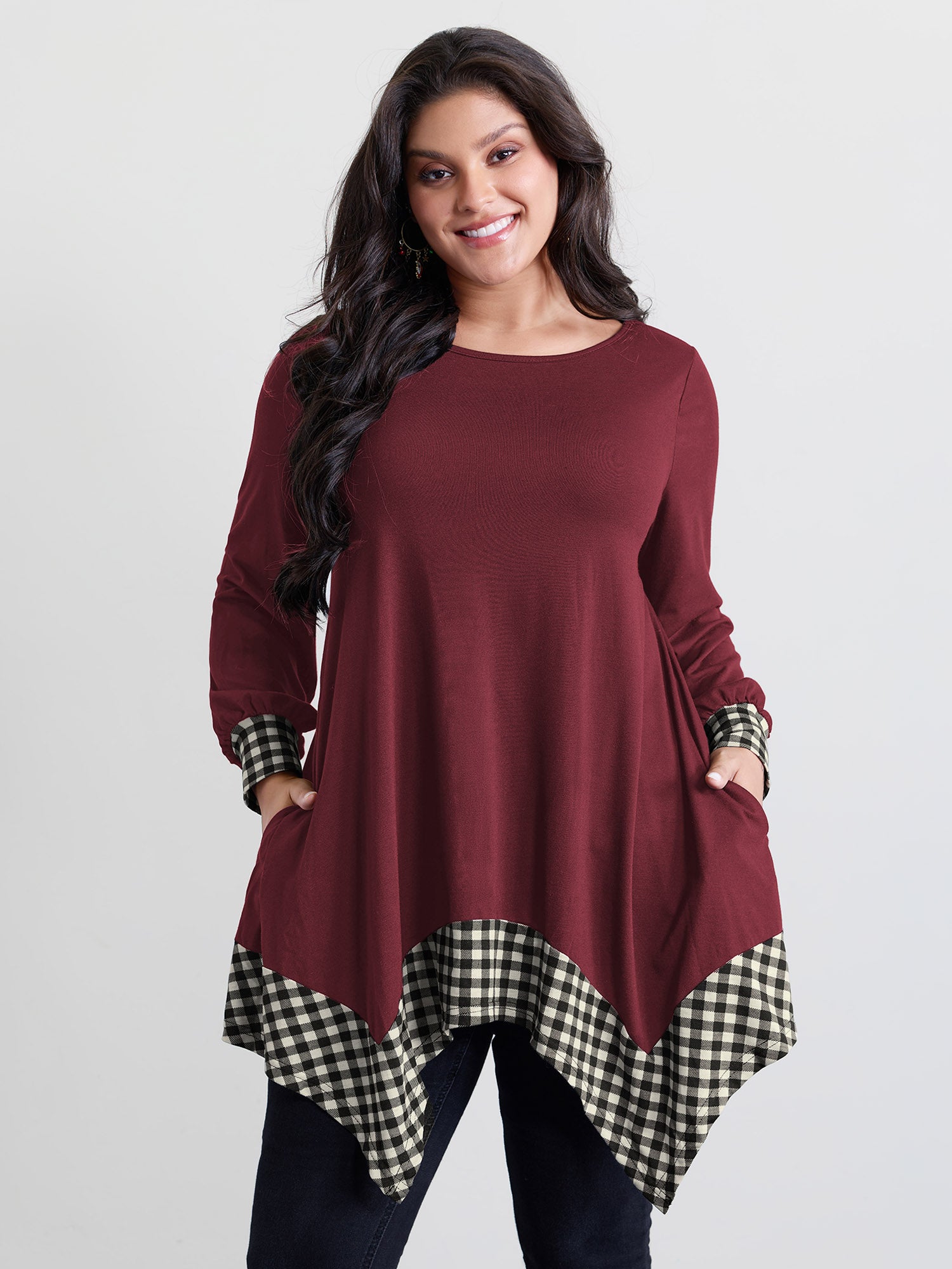 Supersoft Stretchy Checkered Asymmetrical Hem T-Shirt-Sweetccc