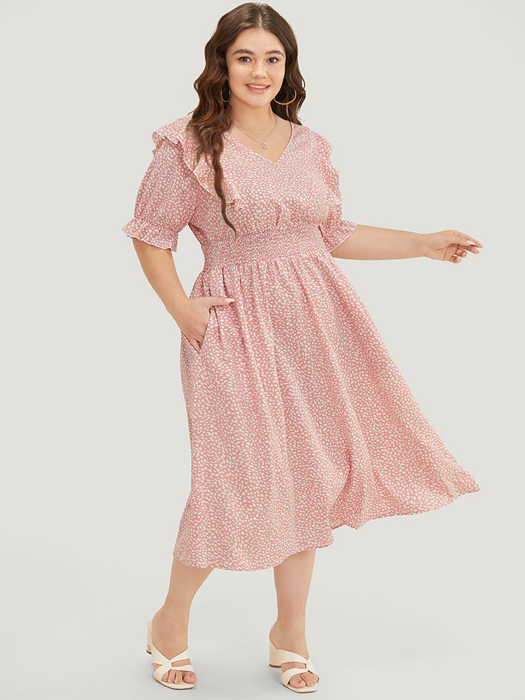 Leopard Ruffle Trim Pocket Shirred Puff Sleeve Dress-Sweetccc