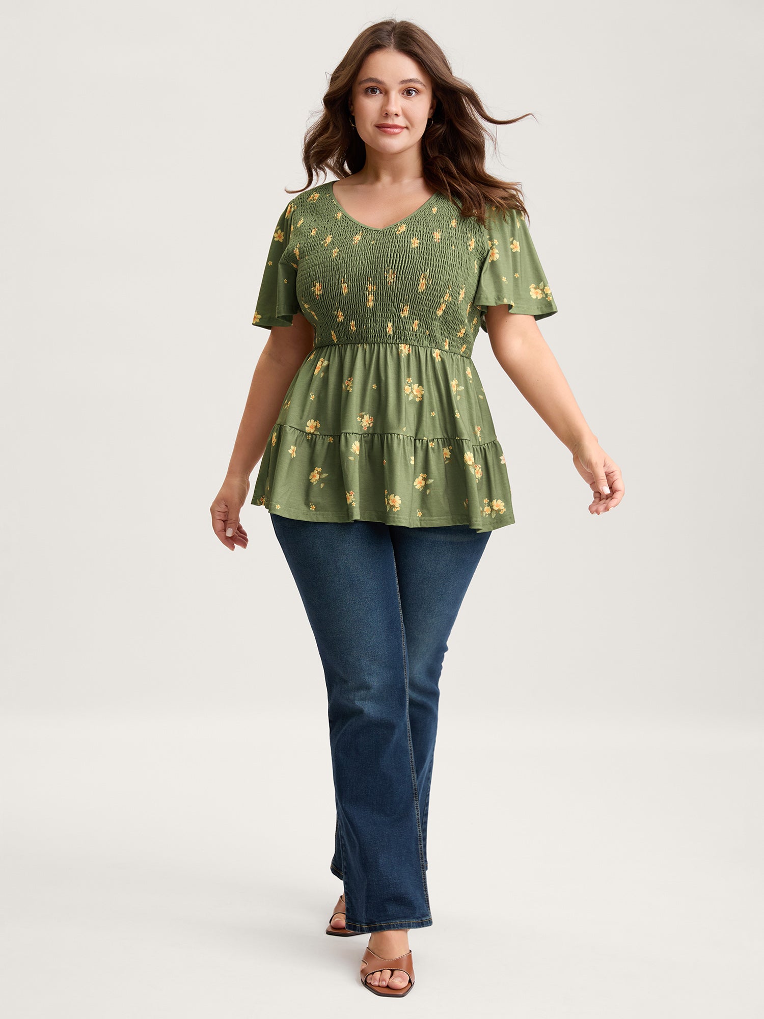 Floral Shirred Tiered Knit Top-Sweetccc