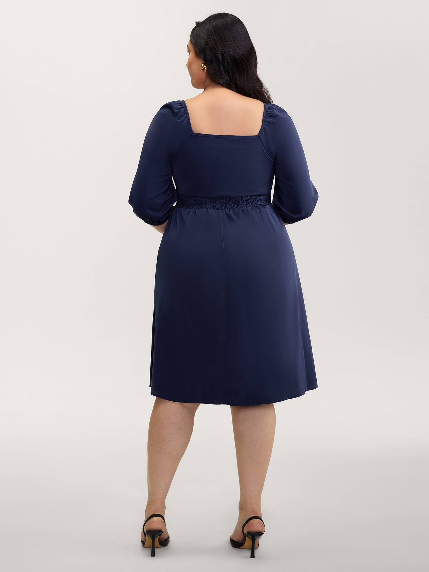 Neck-Tie Lantern Sleeve Shirred Midi Dress-Sweetccc