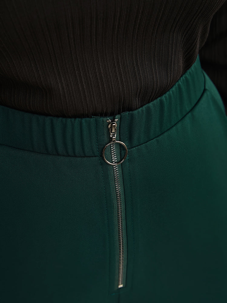 Solid O Ring Zipper Pocket Elastic Waist Wide Leg Pants-Sweetccc