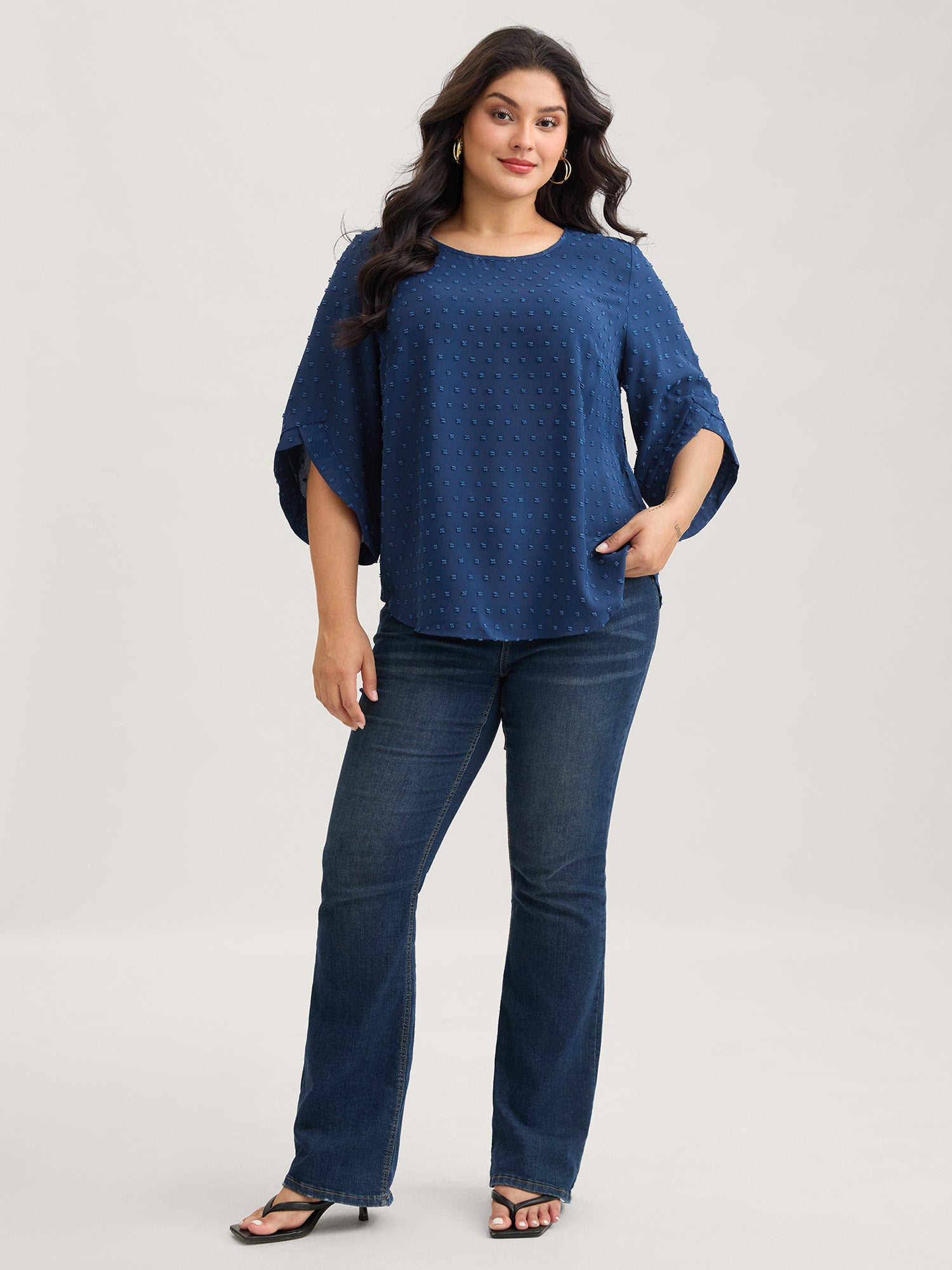 Textured Round Neck Bell Sleeve Blouse-Sweetccc