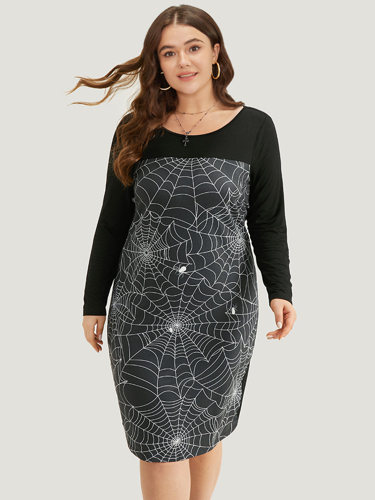 Halloween Spider Web Patchwork Crew Neck Dress-Sweetccc