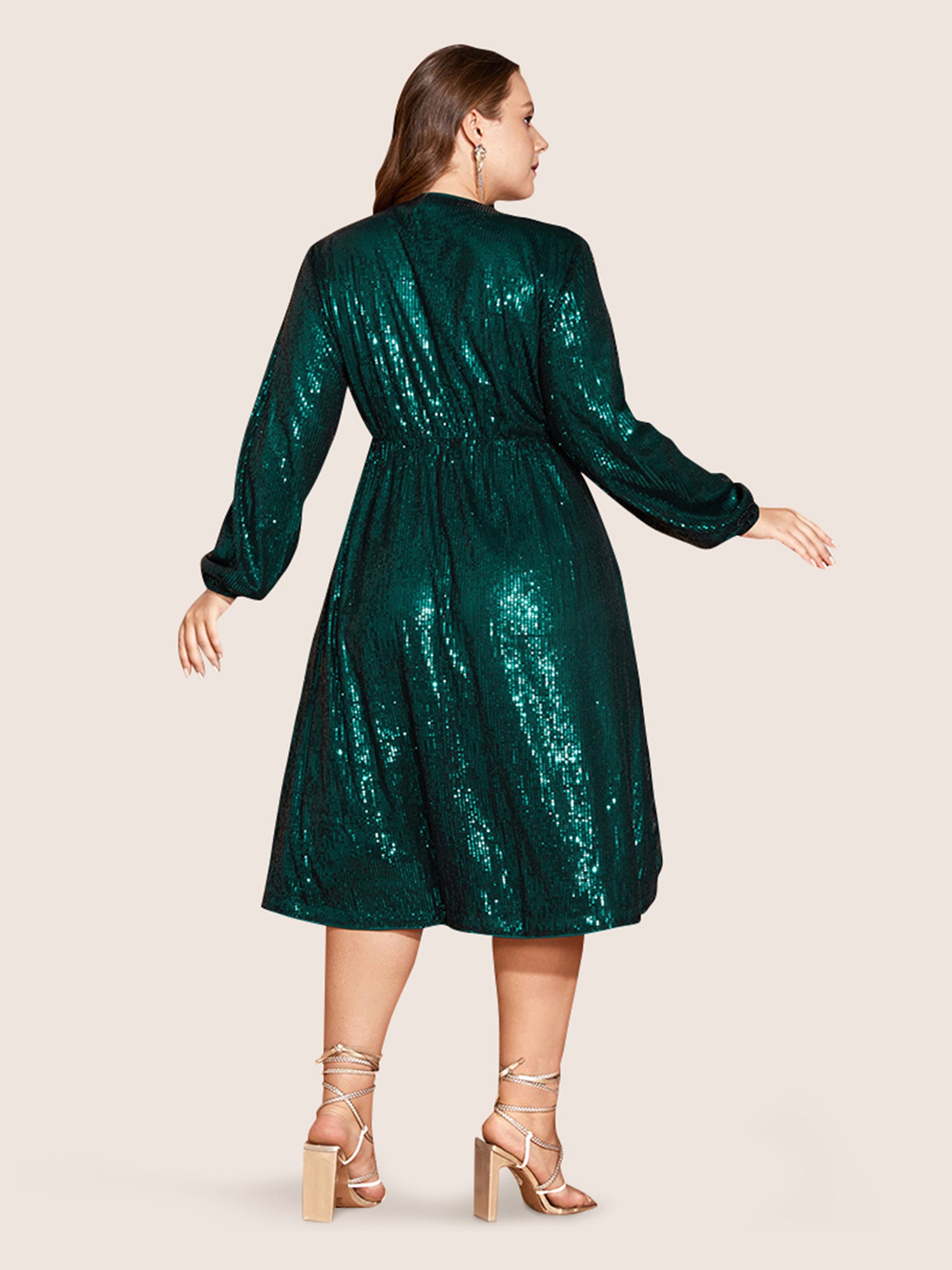 Solid Pocket Lantern Sleeve Wrap Sequin Dress-Sweetccc