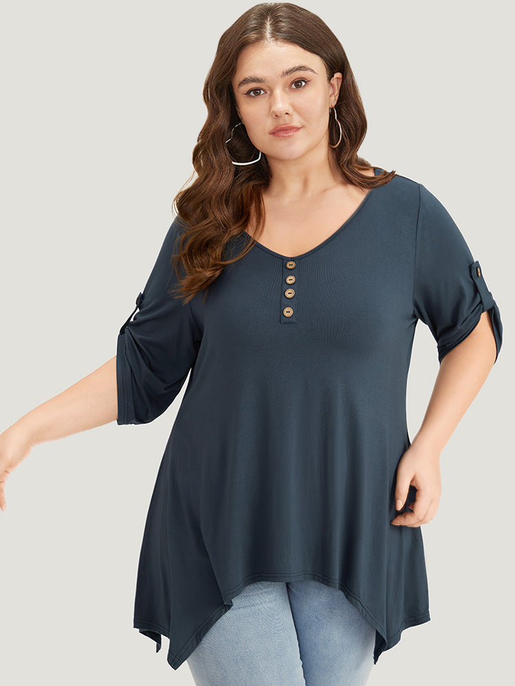 Supersoft Essentials Asymmetrical Hem Roll Sleeve Button Detail T-shirt-Sweetccc