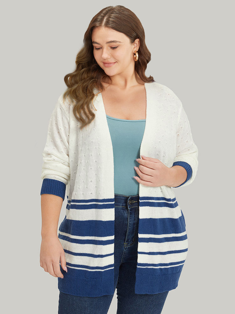 Striped Open Front Contrast Elastic Cuffs Cardigan-Sweetccc