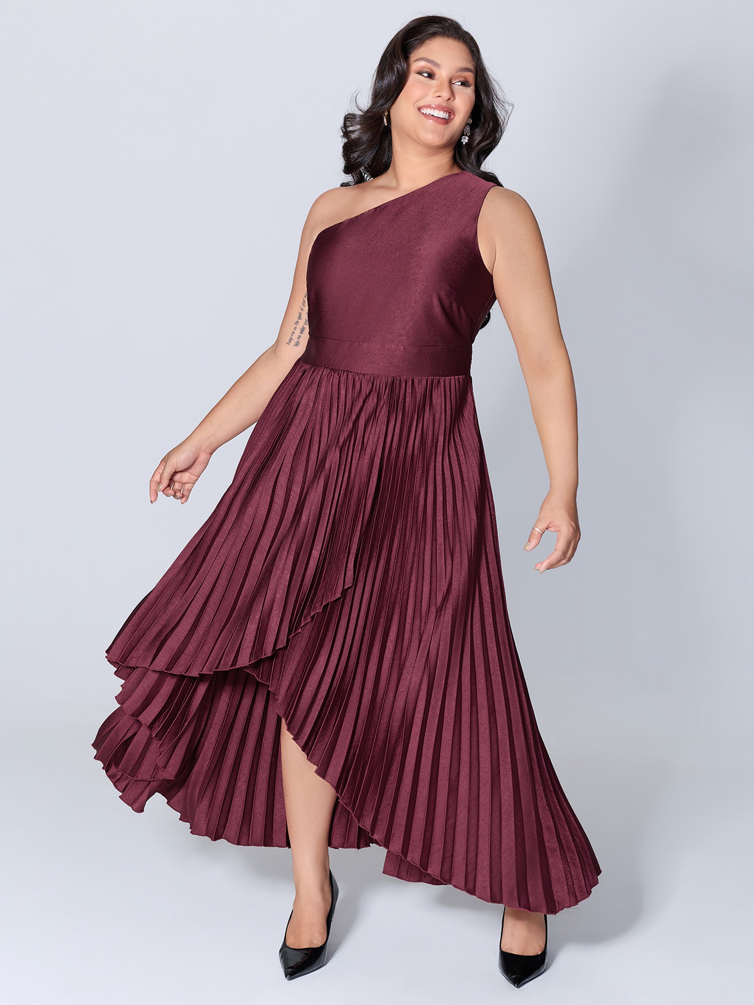 One-Shoulder Pleated Asymmetrical Hem Midi Dress-Sweetccc