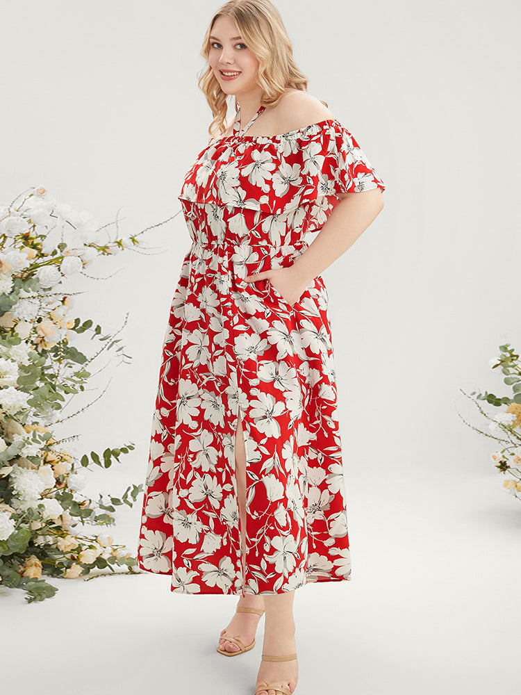 Floral Print Pocket Ruffles Trim Split Halter Maxi Dress-Sweetccc