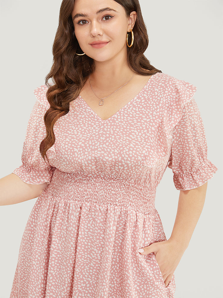 Leopard Ruffle Trim Pocket Shirred Puff Sleeve Dress-Sweetccc